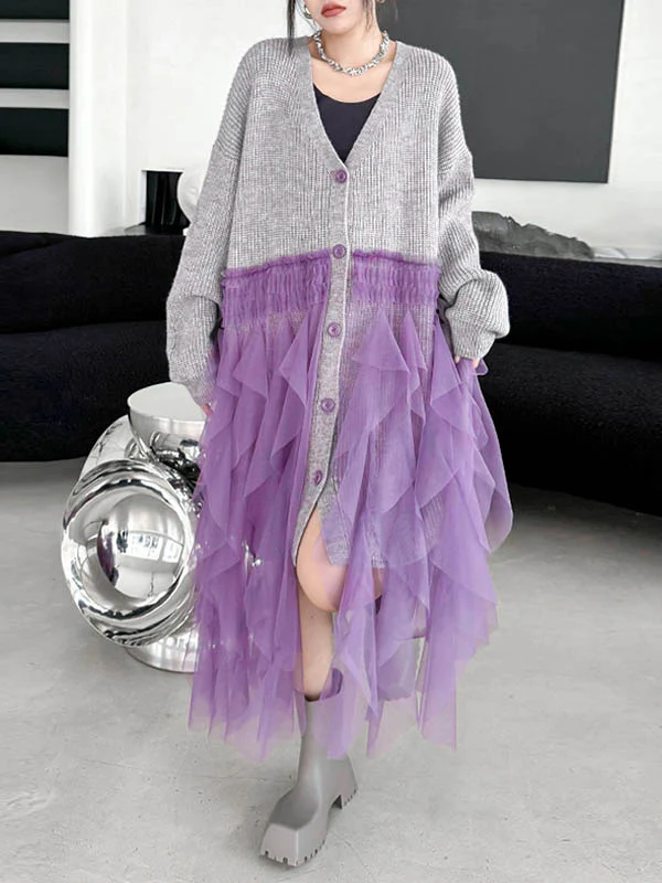High-Low Irregularity Buttoned Contrast Color Mesh Pleated Ribs Split-Joint Collarless Cardigan Tops Outerwear - Image 12