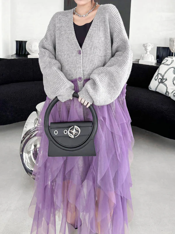 High-Low Irregularity Buttoned Contrast Color Mesh Pleated Ribs Split-Joint Collarless Cardigan Tops Outerwear - Image 13