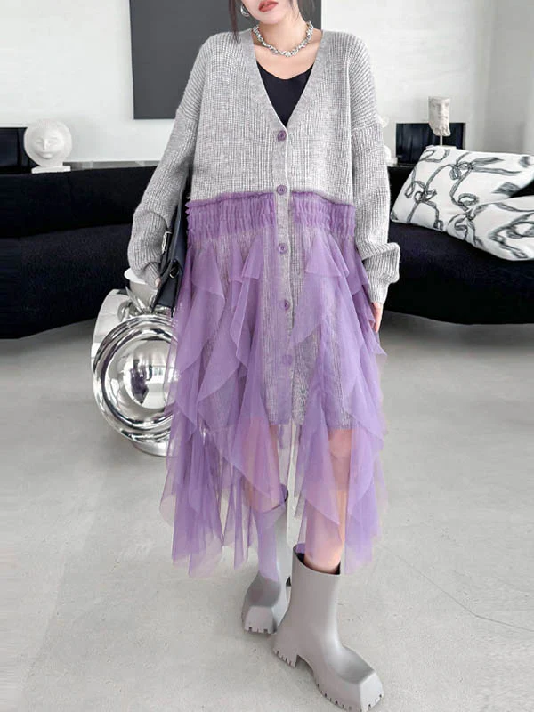 High-Low Irregularity Buttoned Contrast Color Mesh Pleated Ribs Split-Joint Collarless Cardigan Tops Outerwear - Image 14