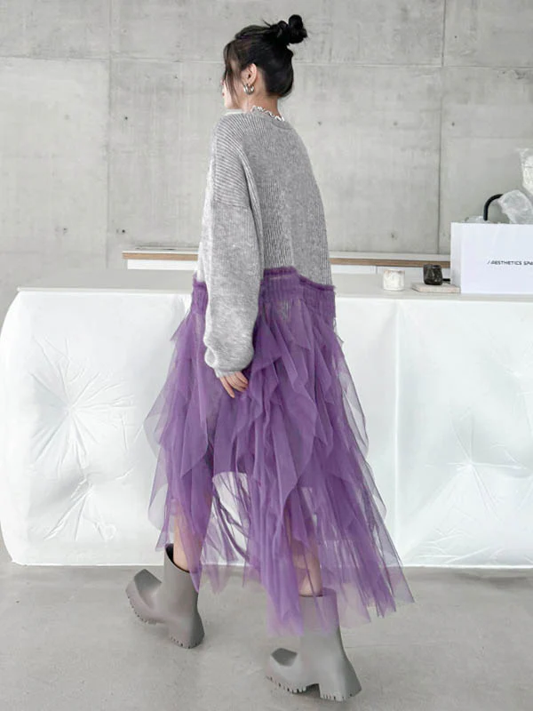 High-Low Irregularity Buttoned Contrast Color Mesh Pleated Ribs Split-Joint Collarless Cardigan Tops Outerwear - Image 15