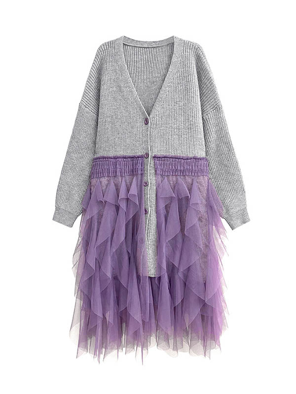 High-Low Irregularity Buttoned Contrast Color Mesh Pleated Ribs Split-Joint Collarless Cardigan Tops Outerwear - Image 16
