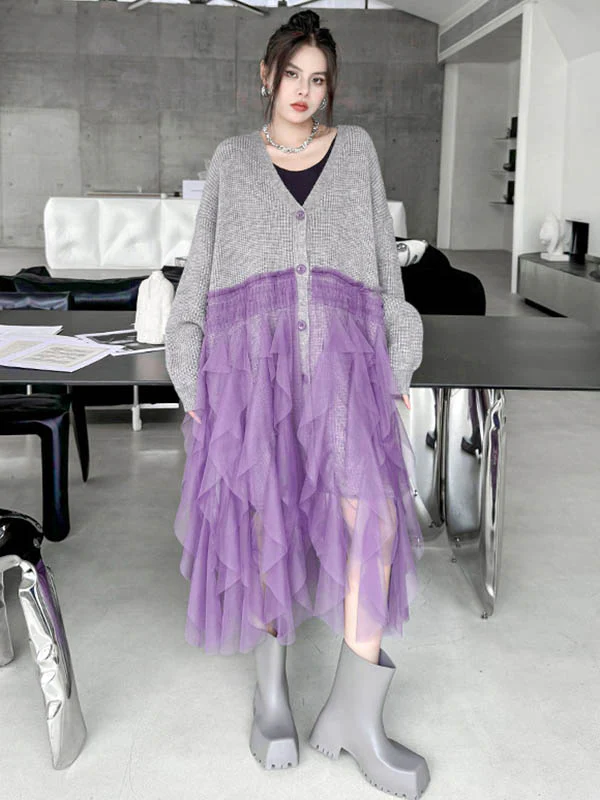 High-Low Irregularity Buttoned Contrast Color Mesh Pleated Ribs Split-Joint Collarless Cardigan Tops Outerwear - Image 2