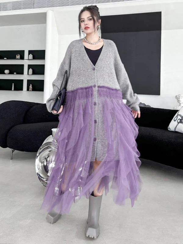 High-Low Irregularity Buttoned Contrast Color Mesh Pleated Ribs Split-Joint Collarless Cardigan Tops Outerwear - Image 3