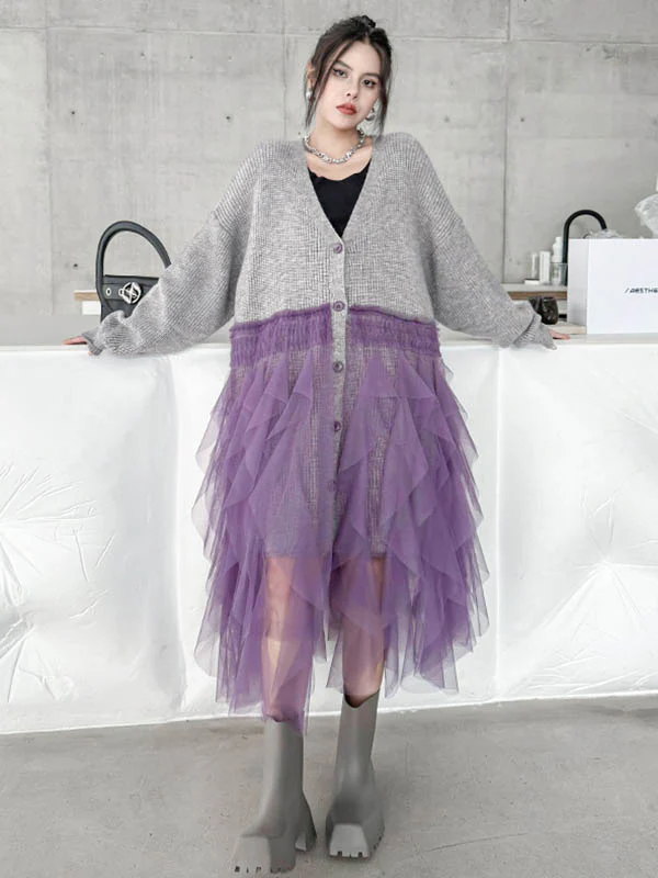 High-Low Irregularity Buttoned Contrast Color Mesh Pleated Ribs Split-Joint Collarless Cardigan Tops Outerwear - Image 5