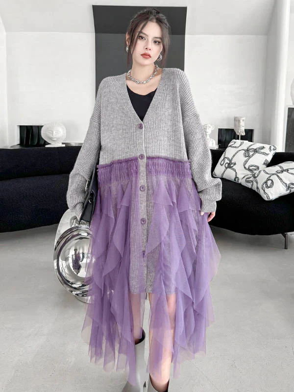 High-Low Irregularity Buttoned Contrast Color Mesh Pleated Ribs Split-Joint Collarless Cardigan Tops Outerwear - Image 6