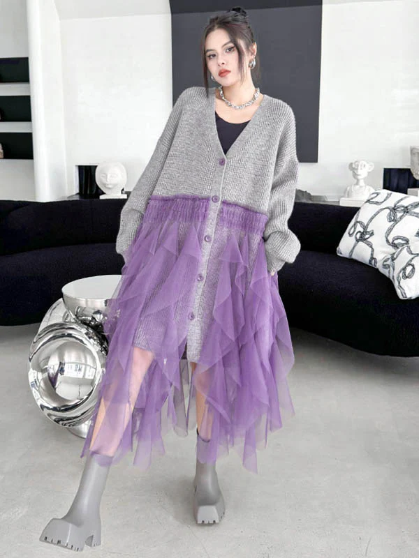 High-Low Irregularity Buttoned Contrast Color Mesh Pleated Ribs Split-Joint Collarless Cardigan Tops Outerwear - Image 7