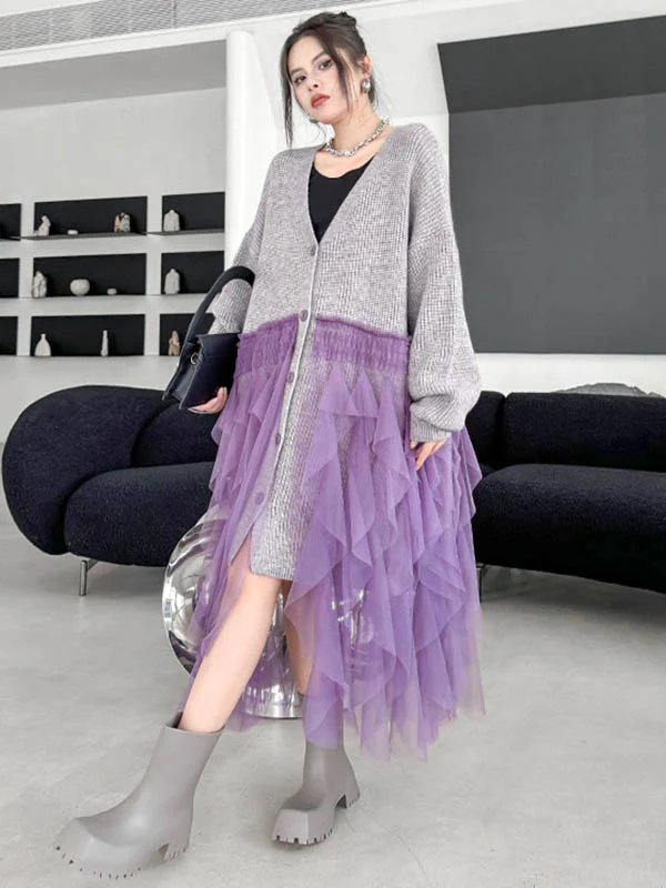 High-Low Irregularity Buttoned Contrast Color Mesh Pleated Ribs Split-Joint Collarless Cardigan Tops Outerwear - Image 8