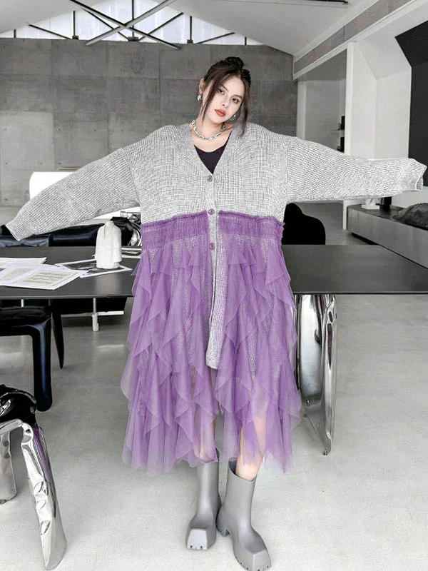 High-Low Irregularity Buttoned Contrast Color Mesh Pleated Ribs Split-Joint Collarless Cardigan Tops Outerwear - Image 9