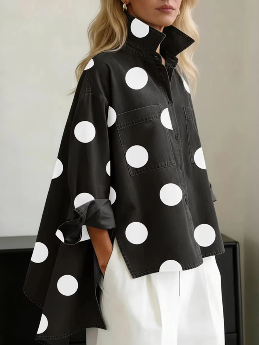 High-Low Irregularity Buttoned Contrast Color Pockets Polka-Dot Split-Joint Split-Side Stand Collar Blouses&Shirts Tops - Image 2