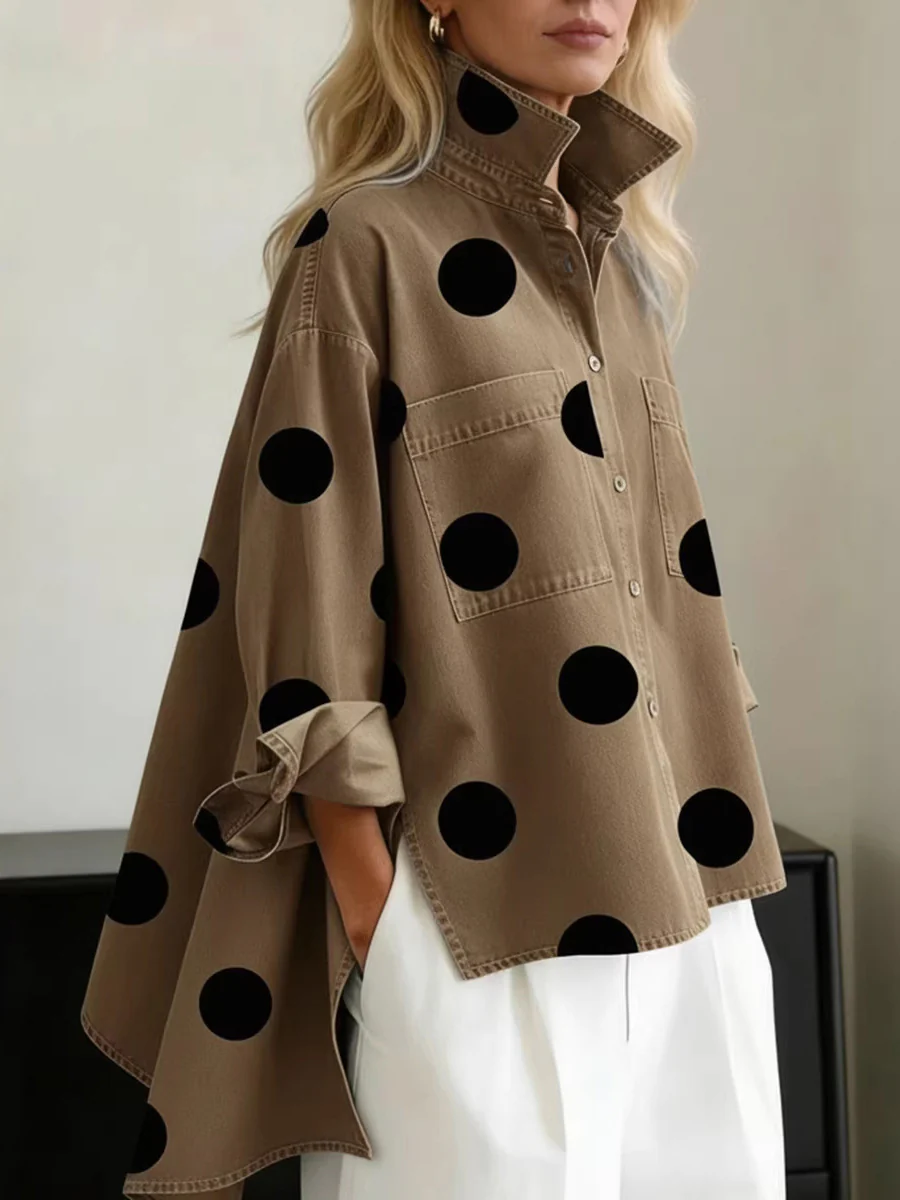 High-Low Irregularity Buttoned Contrast Color Pockets Polka-Dot Split-Joint Split-Side Stand Collar Blouses&Shirts Tops - Image 3