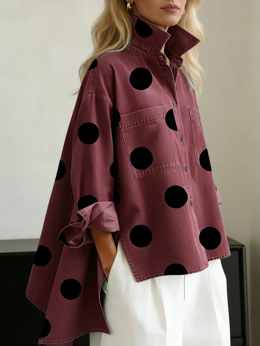 High-Low Irregularity Buttoned Contrast Color Pockets Polka-Dot Split-Joint Split-Side Stand Collar Blouses&Shirts Tops - Image 4