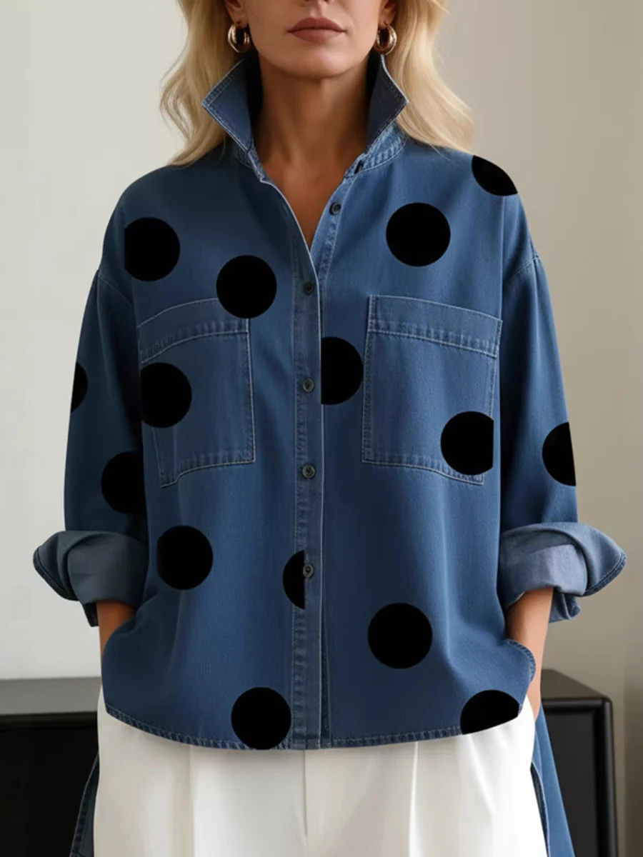 High-Low Irregularity Buttoned Contrast Color Pockets Polka-Dot Split-Joint Split-Side Stand Collar Blouses&Shirts Tops - Image 5
