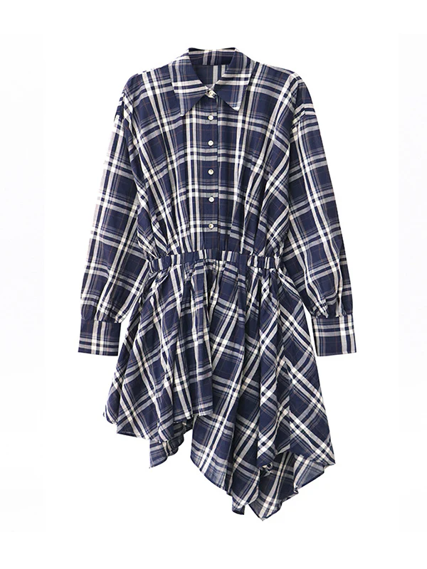 High-Low Irregularity Elasticity Plaid Lapel Collar Midi Dresses - Image 10