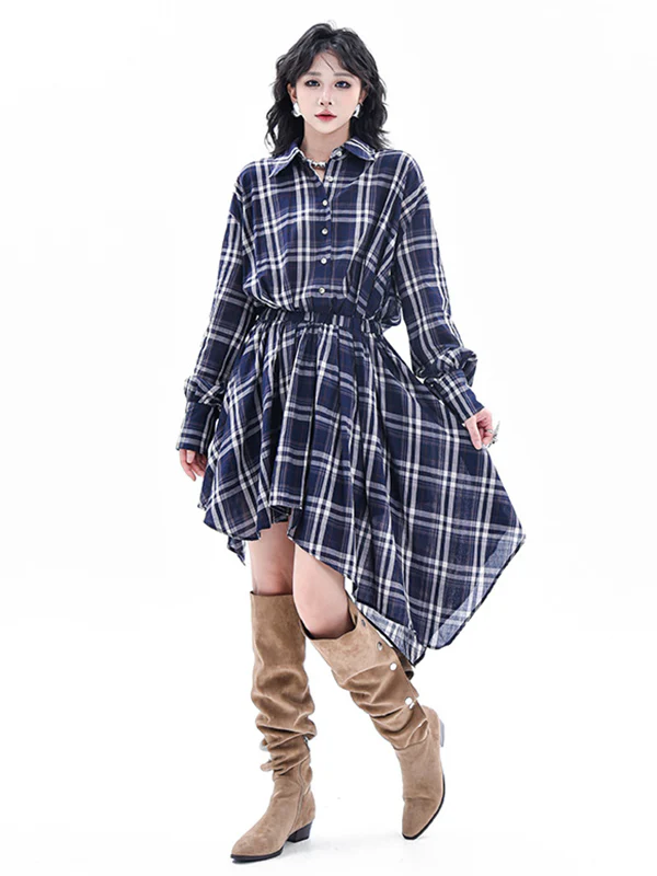 High-Low Irregularity Elasticity Plaid Lapel Collar Midi Dresses - Image 2