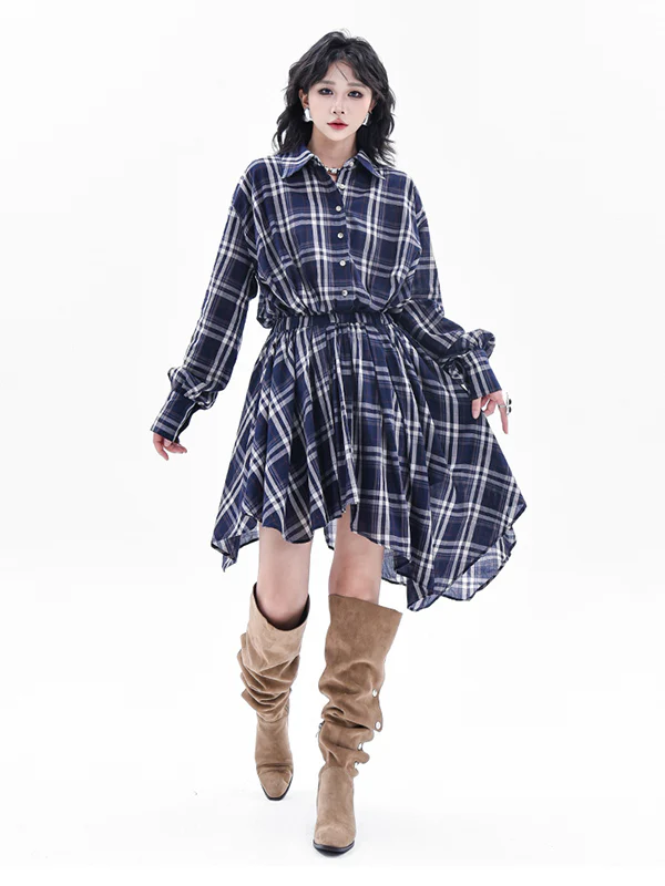 High-Low Irregularity Elasticity Plaid Lapel Collar Midi Dresses - Image 3