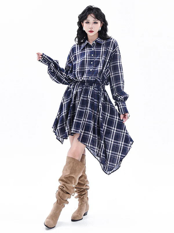 High-Low Irregularity Elasticity Plaid Lapel Collar Midi Dresses - Image 4