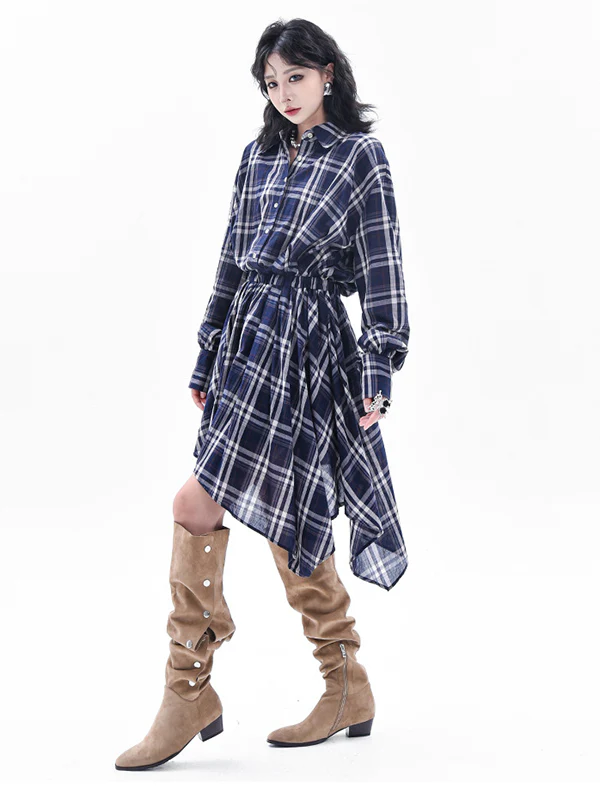 High-Low Irregularity Elasticity Plaid Lapel Collar Midi Dresses - Image 5