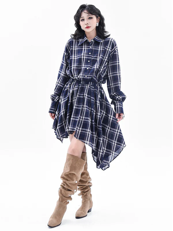 High-Low Irregularity Elasticity Plaid Lapel Collar Midi Dresses - Image 6