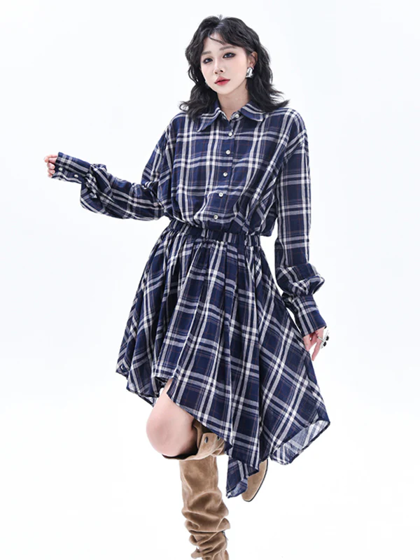High-Low Irregularity Elasticity Plaid Lapel Collar Midi Dresses - Image 7