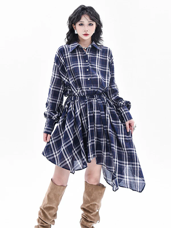 High-Low Irregularity Elasticity Plaid Lapel Collar Midi Dresses - Image 8