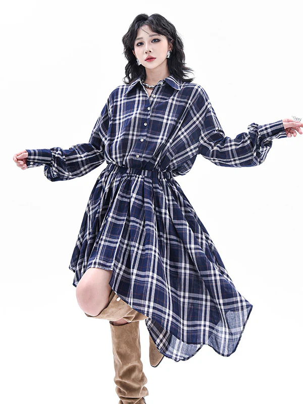 High-Low Irregularity Elasticity Plaid Lapel Collar Midi Dresses - Image 9