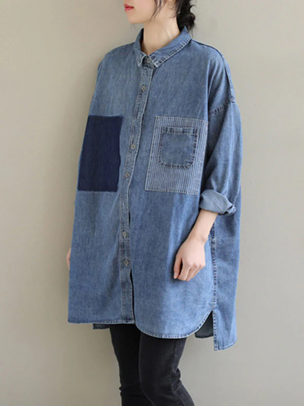 High-Low Long Sleeves Asymmetric Buttoned Pockets Split-Joint Lapel Blouses&Shirts Tops - Image 10