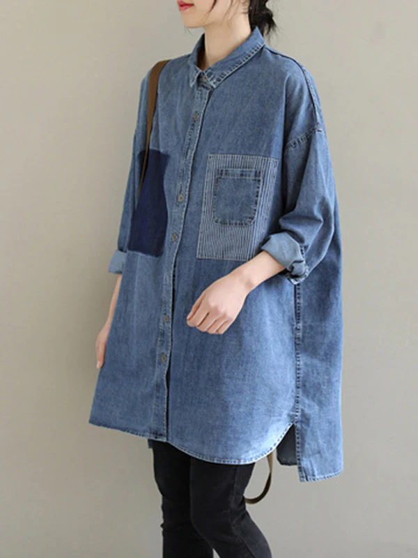 High-Low Long Sleeves Asymmetric Buttoned Pockets Split-Joint Lapel Blouses&Shirts Tops - Image 11