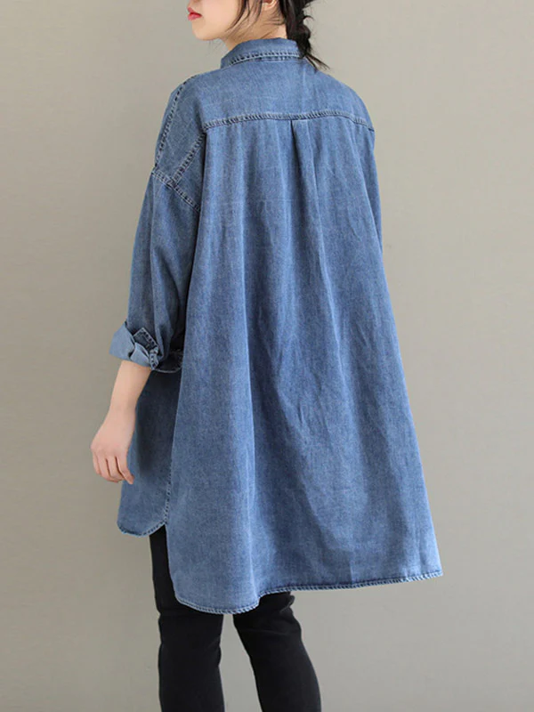 High-Low Long Sleeves Asymmetric Buttoned Pockets Split-Joint Lapel Blouses&Shirts Tops - Image 12