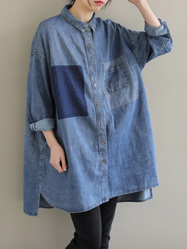 High-Low Long Sleeves Asymmetric Buttoned Pockets Split-Joint Lapel Blouses&Shirts Tops - Image 2