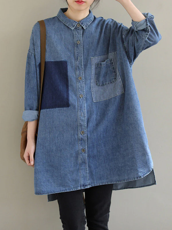 High-Low Long Sleeves Asymmetric Buttoned Pockets Split-Joint Lapel Blouses&Shirts Tops - Image 3