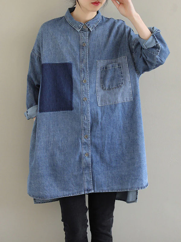 High-Low Long Sleeves Asymmetric Buttoned Pockets Split-Joint Lapel Blouses&Shirts Tops - Image 4