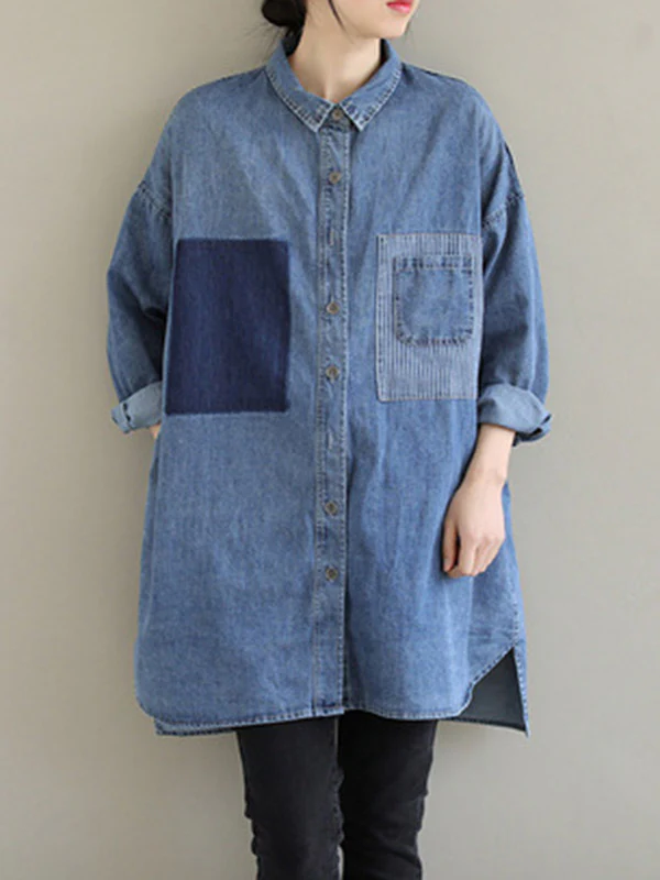 High-Low Long Sleeves Asymmetric Buttoned Pockets Split-Joint Lapel Blouses&Shirts Tops - Image 5