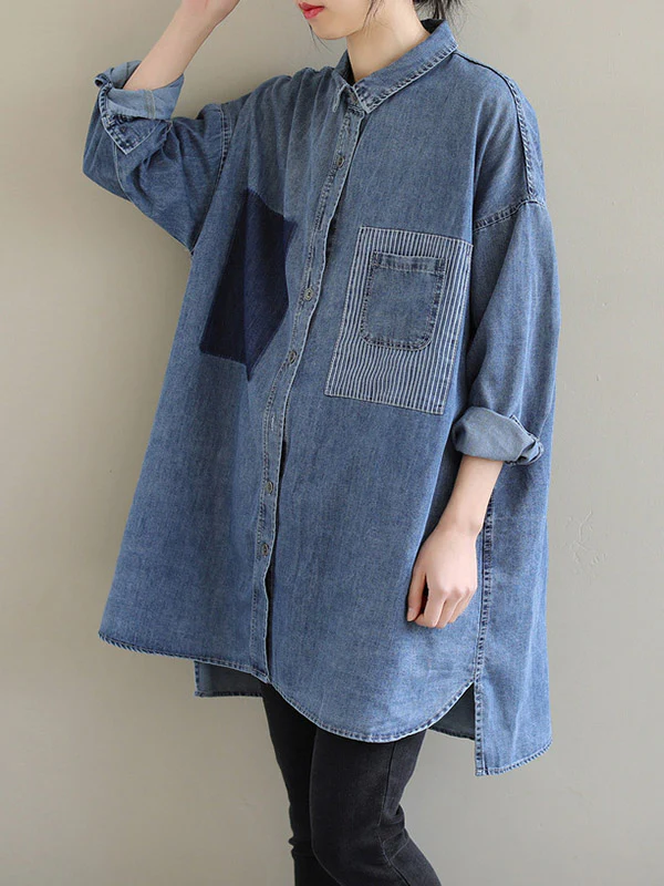 High-Low Long Sleeves Asymmetric Buttoned Pockets Split-Joint Lapel Blouses&Shirts Tops - Image 6