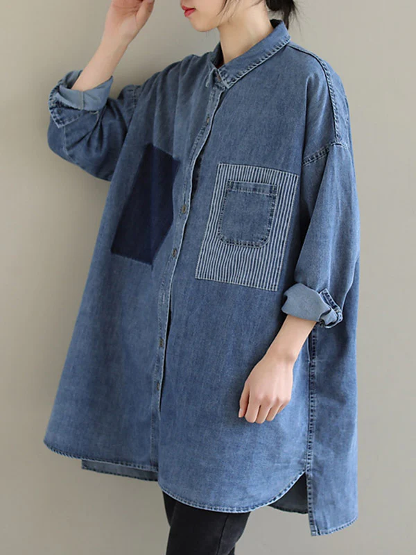 High-Low Long Sleeves Asymmetric Buttoned Pockets Split-Joint Lapel Blouses&Shirts Tops - Image 7