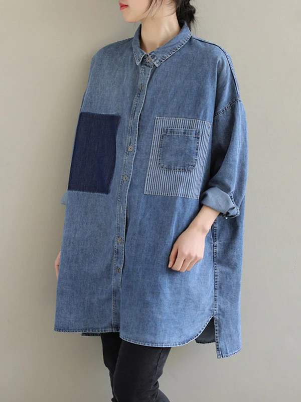 High-Low Long Sleeves Asymmetric Buttoned Pockets Split-Joint Lapel Blouses&Shirts Tops - Image 8