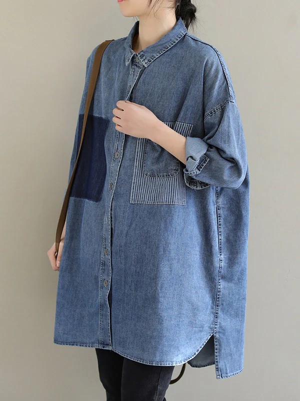 High-Low Long Sleeves Asymmetric Buttoned Pockets Split-Joint Lapel Blouses&Shirts Tops - Image 9