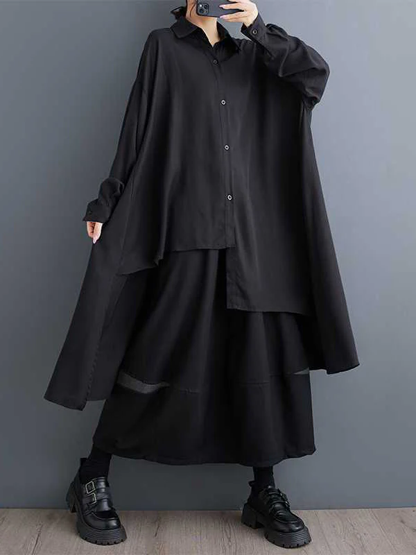 High-Low Long Sleeves Asymmetric Buttoned Solid Color Split-Joint Lapel Blouses&Shirts Tops - Image 2