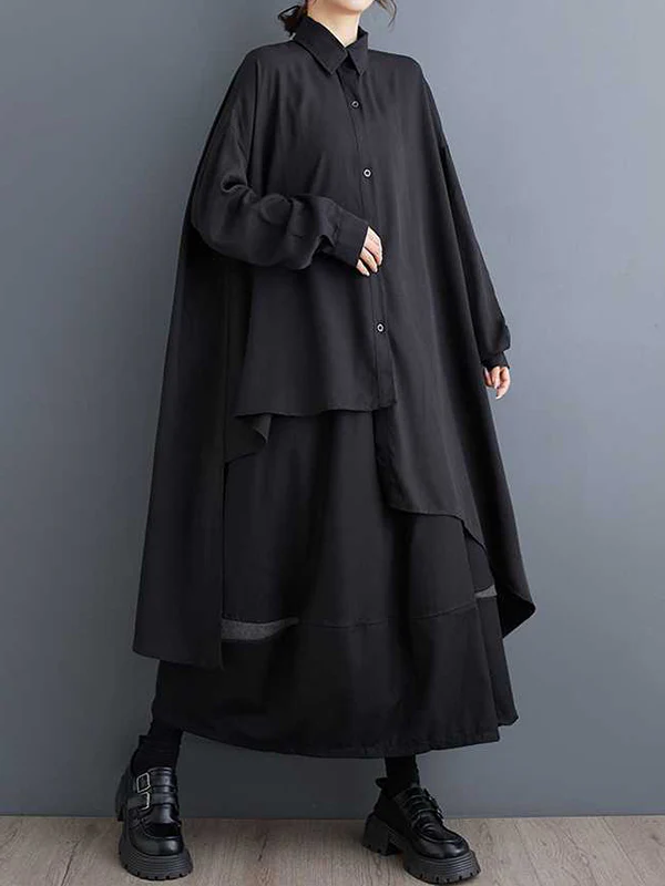 High-Low Long Sleeves Asymmetric Buttoned Solid Color Split-Joint Lapel Blouses&Shirts Tops - Image 3
