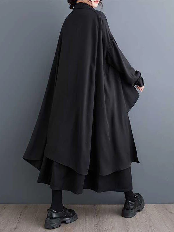 High-Low Long Sleeves Asymmetric Buttoned Solid Color Split-Joint Lapel Blouses&Shirts Tops - Image 4