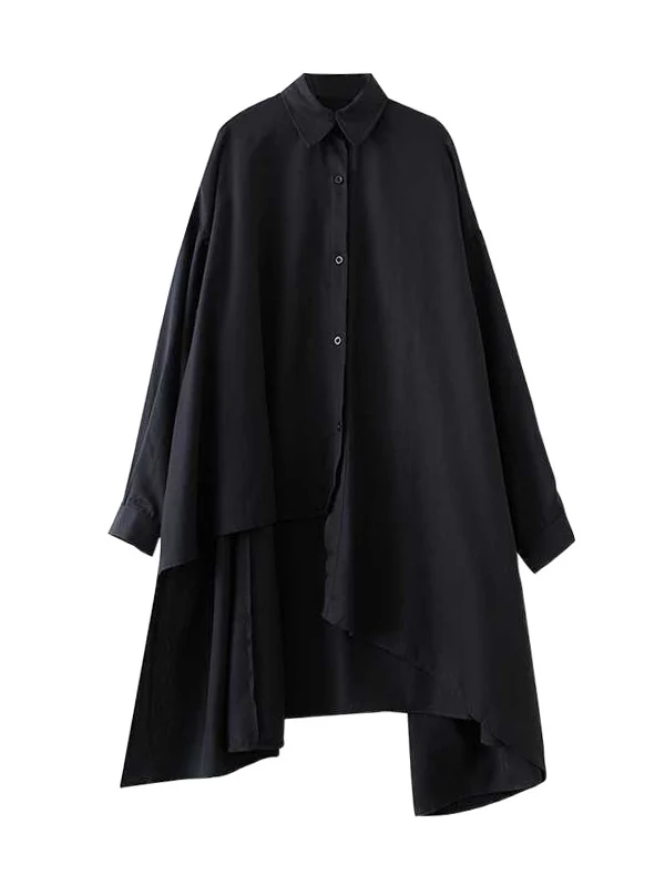 High-Low Long Sleeves Asymmetric Buttoned Solid Color Split-Joint Lapel Blouses&Shirts Tops - Image 5