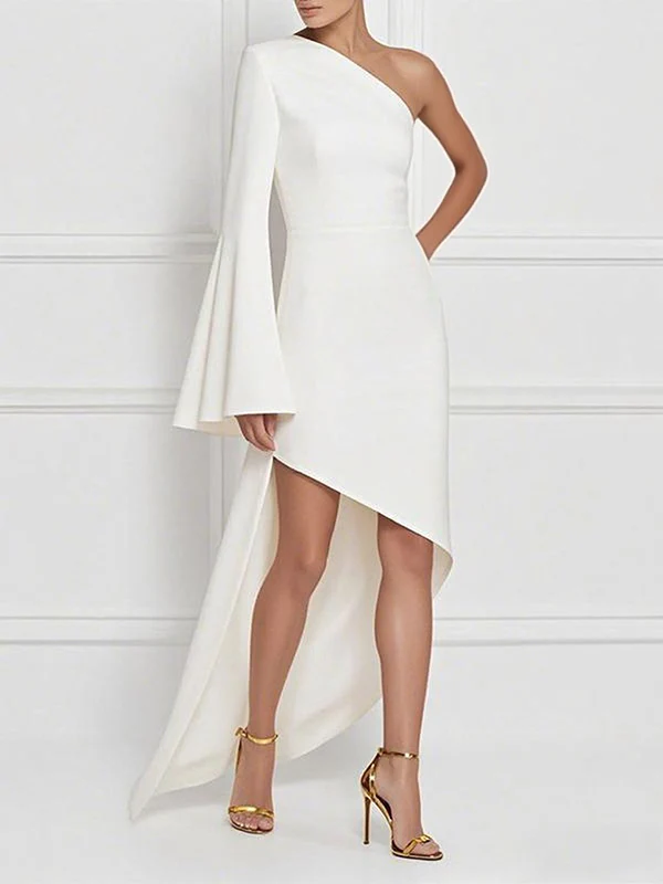 High-Low Long Sleeves Asymmetric Solid Color One-Shoulder Maxi Dresses - Image 3