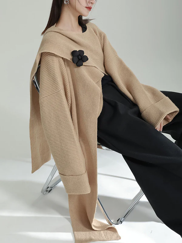 High-Low Long Sleeves Asymmetric Three-Dimensional Flower Round-Neck Cardigan Tops - Image 11