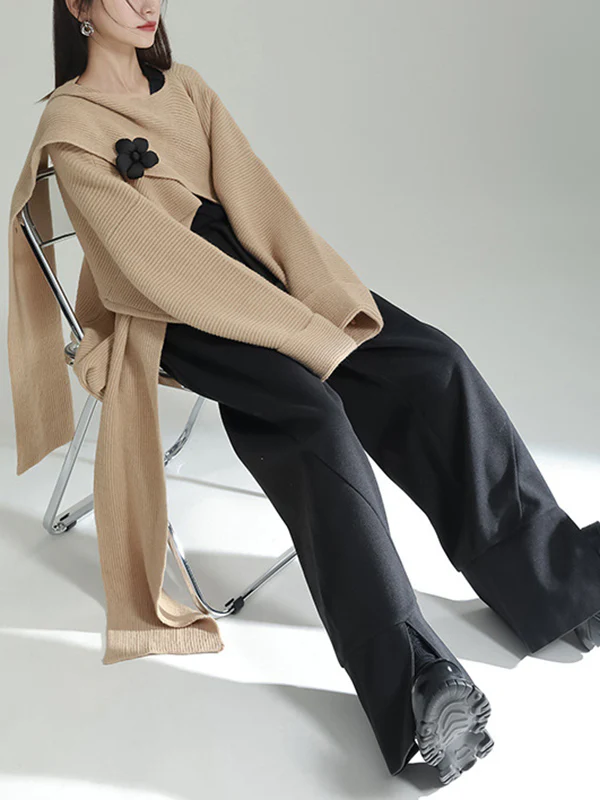 High-Low Long Sleeves Asymmetric Three-Dimensional Flower Round-Neck Cardigan Tops - Image 12