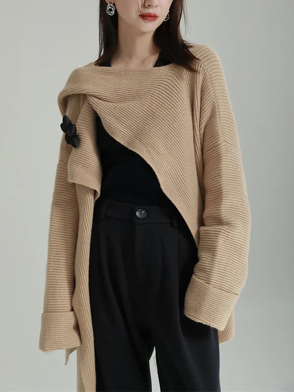 High-Low Long Sleeves Asymmetric Three-Dimensional Flower Round-Neck Cardigan Tops - Image 14