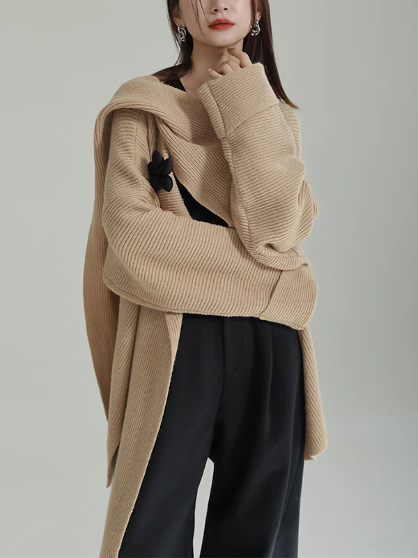 High-Low Long Sleeves Asymmetric Three-Dimensional Flower Round-Neck Cardigan Tops - Image 15