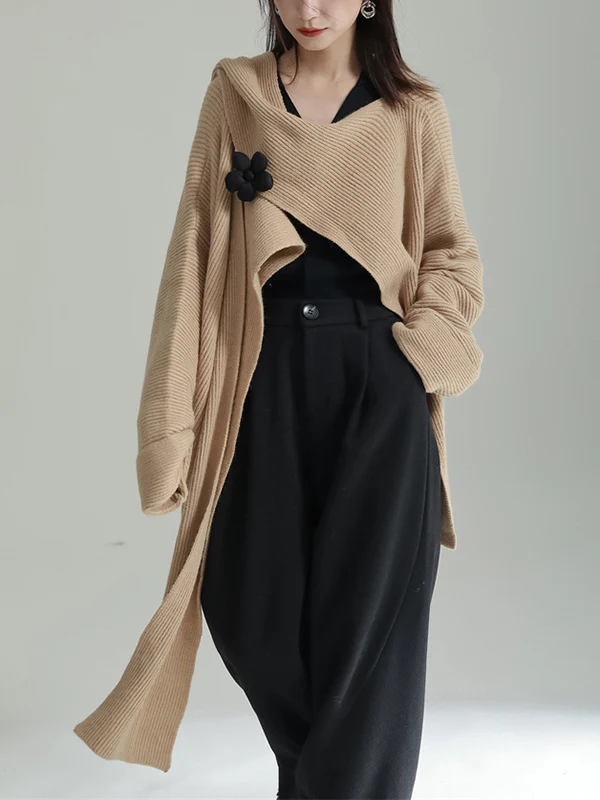 High-Low Long Sleeves Asymmetric Three-Dimensional Flower Round-Neck Cardigan Tops - Image 16
