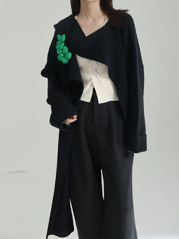 High-Low Long Sleeves Asymmetric Three-Dimensional Flower Round-Neck Cardigan Tops - Image 2