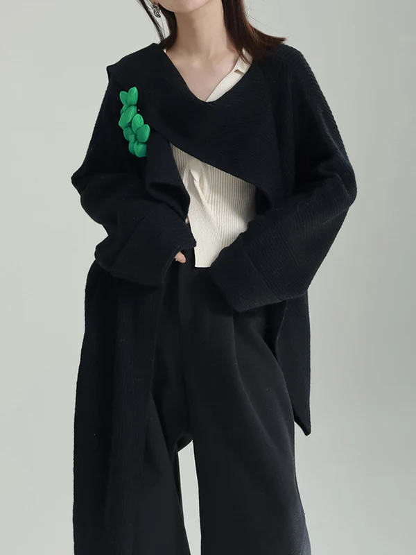 High-Low Long Sleeves Asymmetric Three-Dimensional Flower Round-Neck Cardigan Tops - Image 3