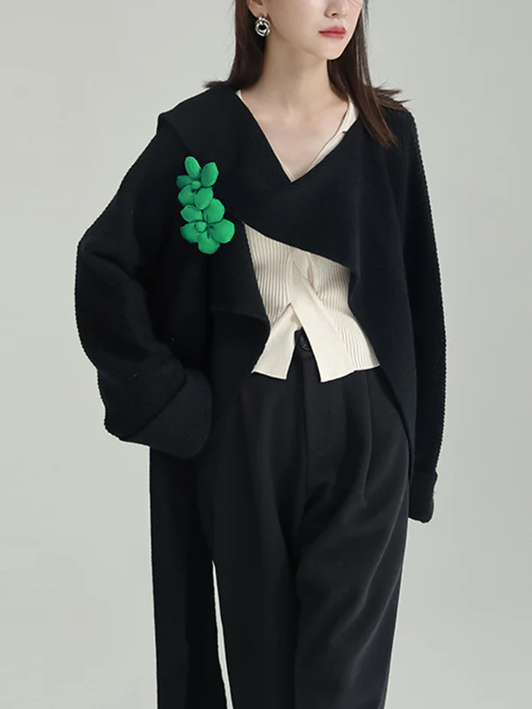 High-Low Long Sleeves Asymmetric Three-Dimensional Flower Round-Neck Cardigan Tops - Image 4