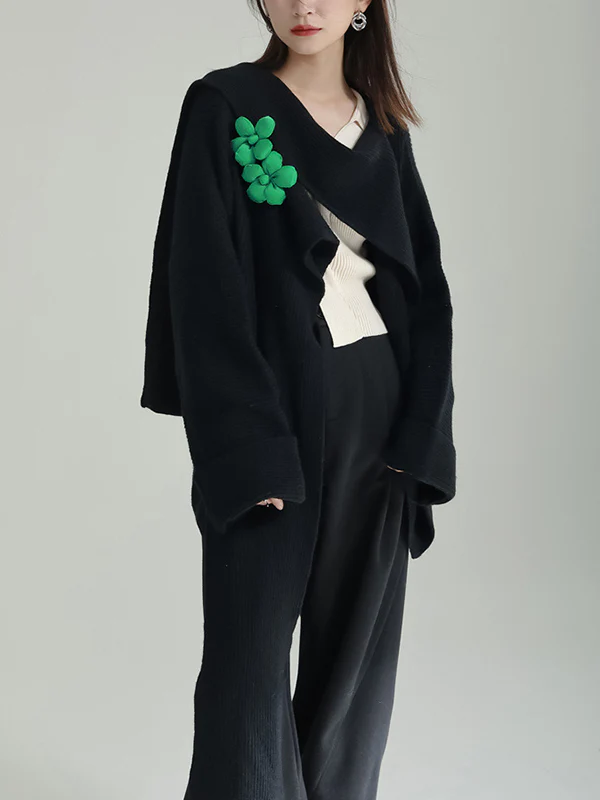 High-Low Long Sleeves Asymmetric Three-Dimensional Flower Round-Neck Cardigan Tops - Image 5